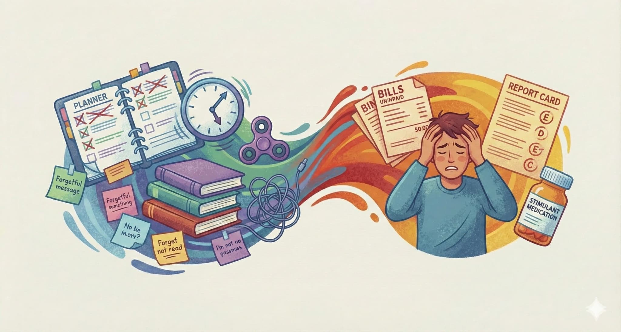 Visual representation of ADHD challenges: disorganized planner with incomplete tasks, time management struggles, and the emotional overwhelm of undiagnosed ADHD