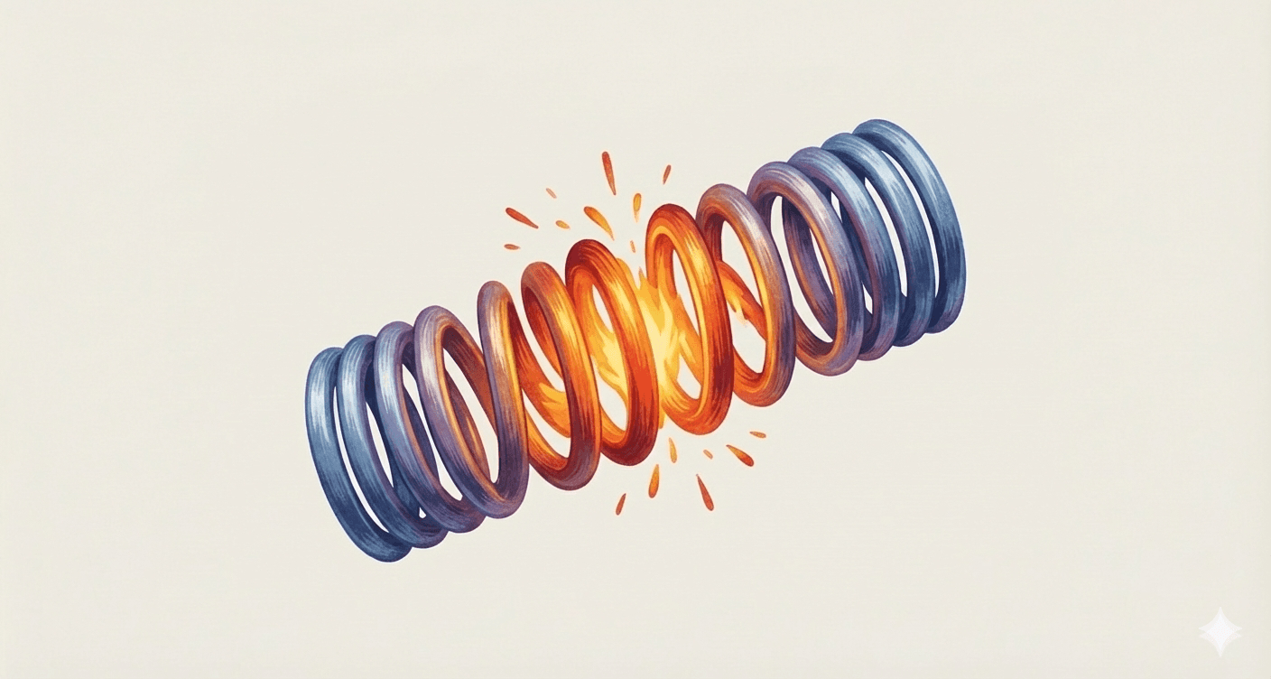 A compressed spring heating up, representing ADHD-related burnout